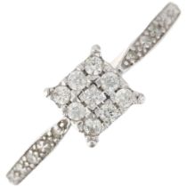 A modern 9ct white gold diamond square cluster ring, setting height 6.2mm, size O, 1.6g No damage or
