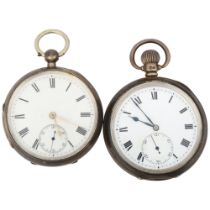 2 early 20th century silver open-face pocket watches, white enamel dials with Roman numeral hour