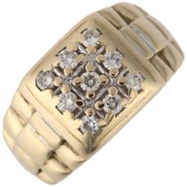 A large 9ct gold diamond signet ring, claw set with modern round brilliant-cut diamonds with Rolex