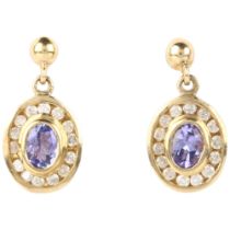 A pair of 9ct gold tanzanite and diamond oval cluster drop earrings, rub-over set with oval mixed-