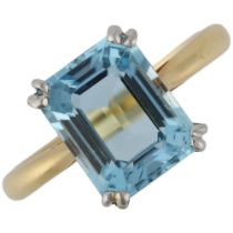 A solitaire aquamarine ring, late 20th century, centrally claw set with 3ct octagonal step-cut
