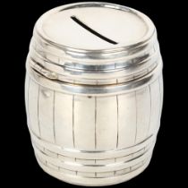 An Edwardian novelty silver barrel money box, Saunders & Shepherd, Birmingham 1902, height 6.5cm,