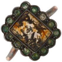 A mid-20th century 9ct rose gold moss agate and green paste rectangular cluster ring, setting height