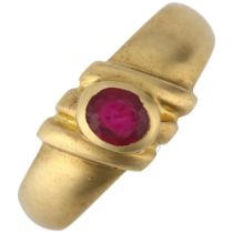 A Continental 18ct gold solitaire ruby ring, rub-over set with oval mixed-cut ruby, setting height
