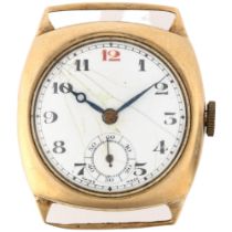 An Art Deco 9ct rose gold cushion-cased mechanical wristwatch head, circa 1930s, white enamel dial