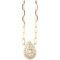 A modern 14ct gold diamond pear halo cluster pendant necklace, pave set with tapered baguette and
