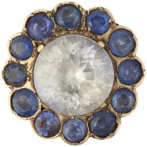 A large late 20th century synthetic sapphire flowerhead cluster ring, set with round-cut white and