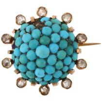 An Antique French turquoise and diamond bombe brooch, unmarked gold closed-back settings with