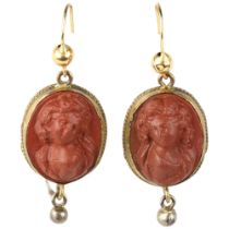 A pair of Victorian Revival composition cameo earrings, circa 1940s, brass rope twist frames with