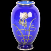 An early 20th century silver overlaid Bristol blue glass 'iris' vase, 14cm No damage or repair