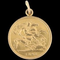 A Victoria 1896 gold half sovereign coin pendant, old head, 4.2g Pendant mount soldered to edge,