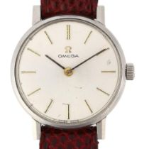 OMEGA - a lady's stainless steel mechanical wristwatch, silvered dial with applied gilt baton hour