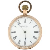 WALTHAM - a 9ct rose gold open-face keyless fob watch, white enamel dial with Roman numeral hour