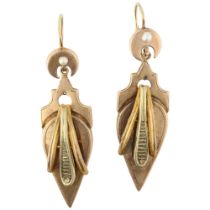 A pair of 19th century French two-colour gold drop earrings, with split pearl crescent moon shepherd