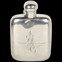 A heavy gauge Edwardian silver hip flask, Alexander Clark, London 1907, with button cap and