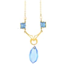 An Art Deco 9ct gold blue paste and pearl drop necklace, 38cm, 3g No damage or repair, all stones