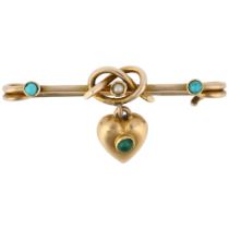 A late Victorian turquoise and pearl lover's knot bar brooch, circa 1890, the central knot