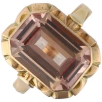 A Polish 14ct gold golden topaz dress ring, rub-over set with 7.7ct octagonal step-cut topaz, weight