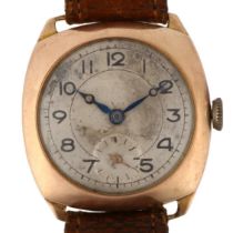 An Art Deco 9ct rose gold cushion mechanical wristwatch, silvered dial with painted Arabic numerals,