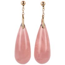 A pair of rose quartz drop earrings, each set with polished teardrop rose quartz, with unmarked rose