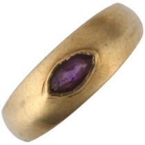 A late 20th century 9ct gold amethyst gypsy ring, rub-over set with marquise-cut amethyst, setting