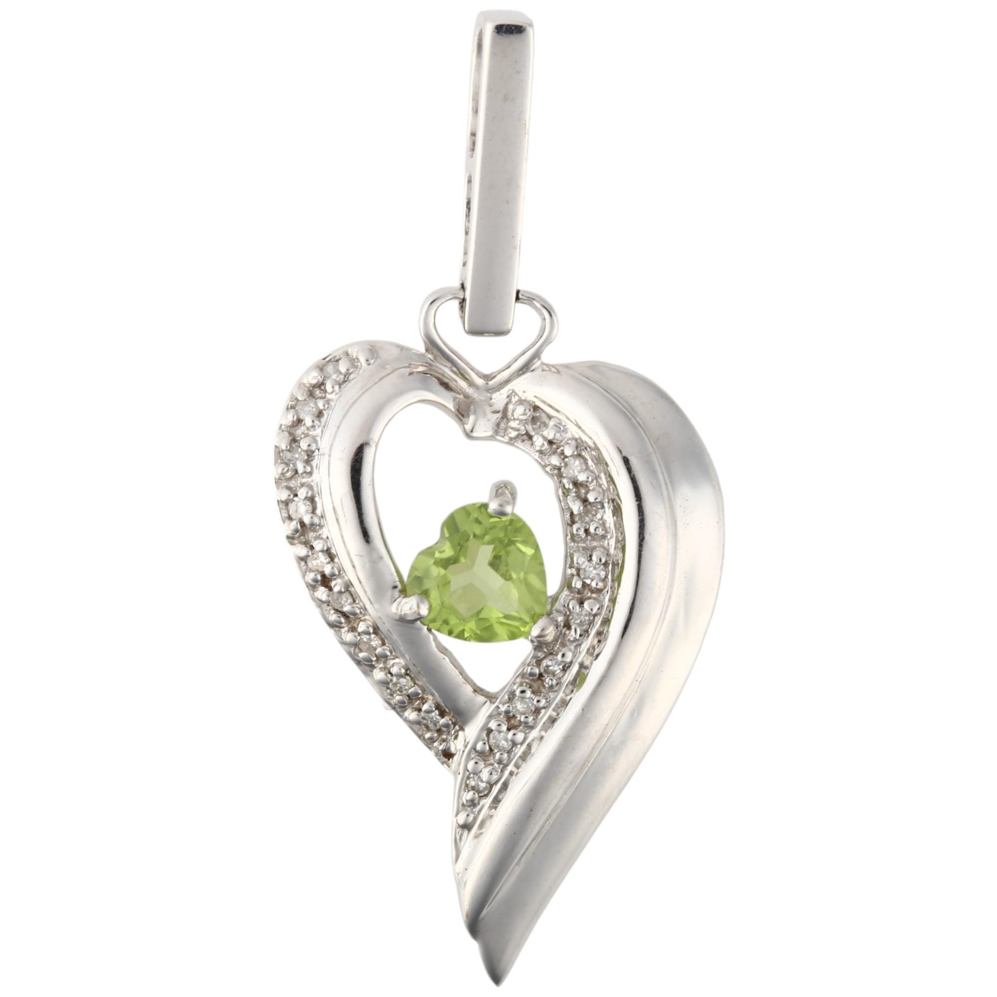 A modern 9ct white gold peridot and diamond heart cluster pendant, 41mm, 3.7g No damage or repair,
