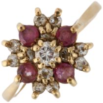 A late 20th century 9ct gold ruby and diamond snowflake cluster ring, maker MM Ltd, London 1982,