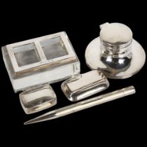 Various silver, including glass double stamp holder, Birmingham 1926, ink well, Birmingham 1909,