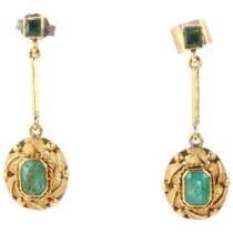 A pair of emerald drop earrings, late 20th century, rub-over set with octagonal and square step-