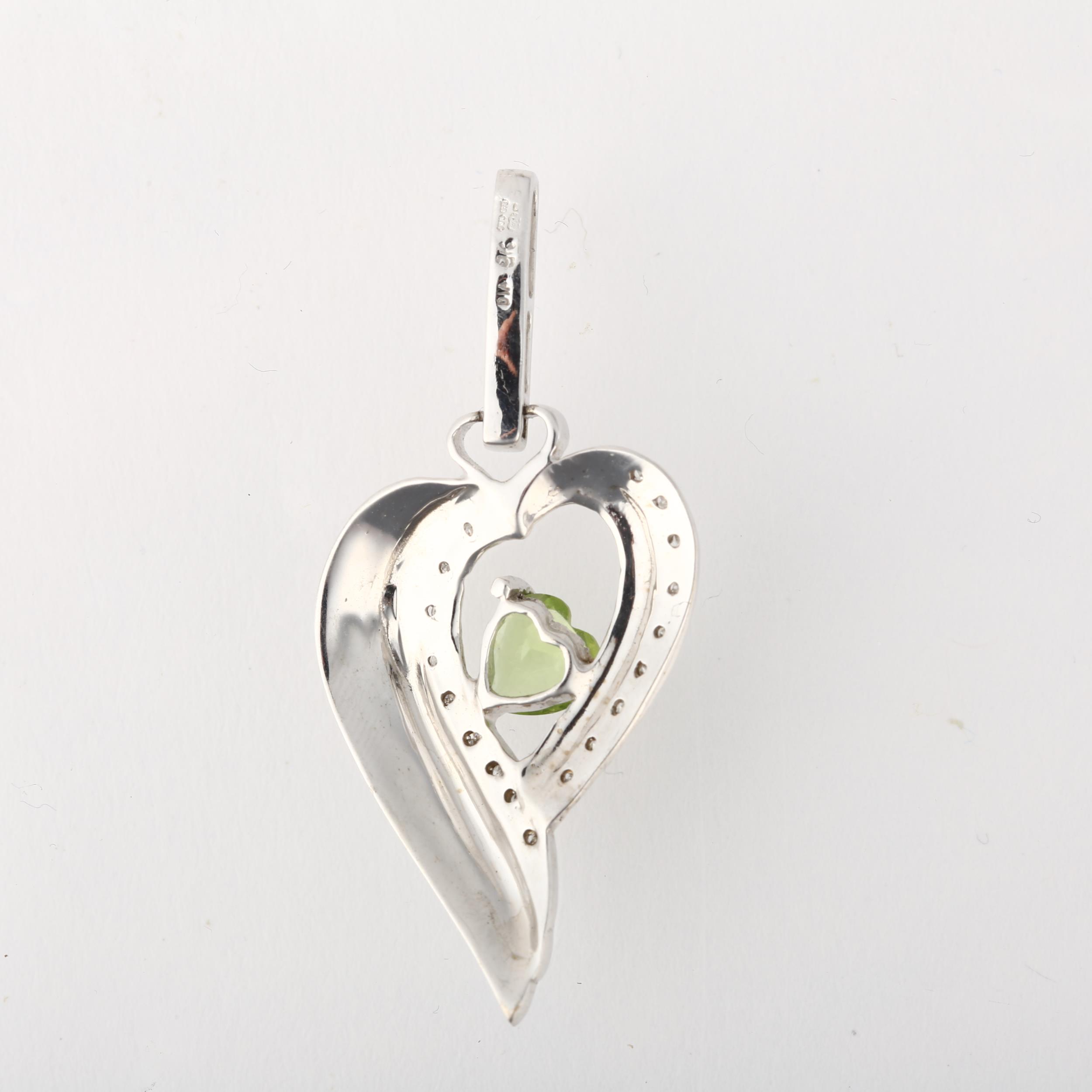 A modern 9ct white gold peridot and diamond heart cluster pendant, 41mm, 3.7g No damage or repair, - Image 3 of 4