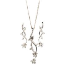 A sterling silver and diamond floral pendant necklace and earring set, by White Ice, pendant 30.6mm,