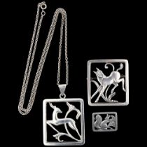 3 Art Deco Danish modernist silver animal brooches and pendant, makers include CA Christensens,