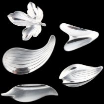 5 Danish modernist sterling silver abstract brooches, makers include Hermann Siersbol, largest 60mm,