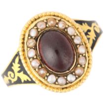 A 19th century 18ct gold garnet and pearl oval cluster mourning ring, indistinct maker, Birmingham