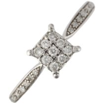 A modern 9ct white gold diamond square cluster ring, pave set with modern round brilliant-cut