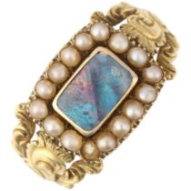 A Georgian opal doublet? and split pearl cluster mourning ring, circa 1820, the central panel with