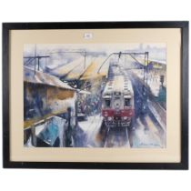 Watercolour, locomotive, oil on canvas, castle by a river, ornate carved wood framed print, etc (4)