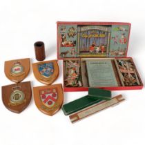 RAF shields mounted on wooden plaques, Japanese pot, boxed Spear's Tiny Town Theatre, etc
