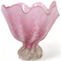 A pink Art glass vase with wavy rim, on clear base, probably Murano, 22cm