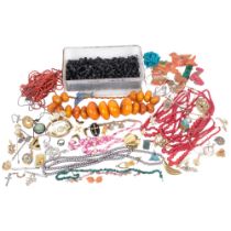 Various jewellery, including large single-strand copal resin bead necklace, loose beads, etc