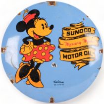 A reproduction circular enamel sign, Sunoco Motor Oil, with Minnie Mouse caricature, diameter 30cm