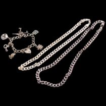 2 Italian sterling silver curb link chain necklaces, and a silver charm bracelet (3)