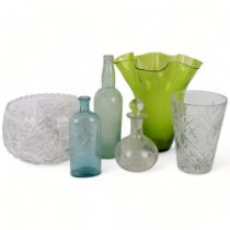 A large cut-glass centrepiece bowl, diameter 23cm, a second cut-glass vase, a green glass tulip