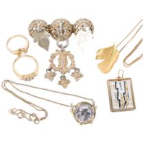 Various silver-gilt jewellery, including Norwegian Folk Art brooch, Flora Danica feather pendant