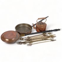 A copper kettle, Antique copper pan with iron handle, toasting forks, and a bed-warming pan