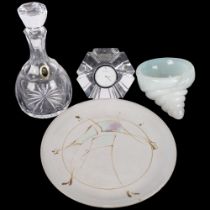An Orrefors glass clock, a crystal decanter and stopper, 25cm, and a shell design glass vase (