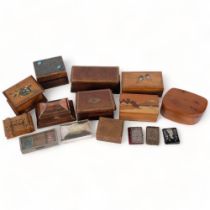 A group of various stamp boxes, including olivewood, a brass sarcophagus stamp box, a yew wood