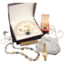 Various jewellery, including single-strand pearl necklace with 9ct rose gold clasp, citrine ring,