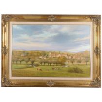 Morris Coveney, oil on canvas, view of a hamlet with cattle, in ornate gilt frame, 70cm x 95cm