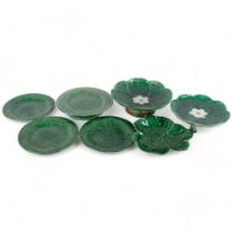 A group of Majolica green leaf plates, comport, including 1 by Wedgwood (7)